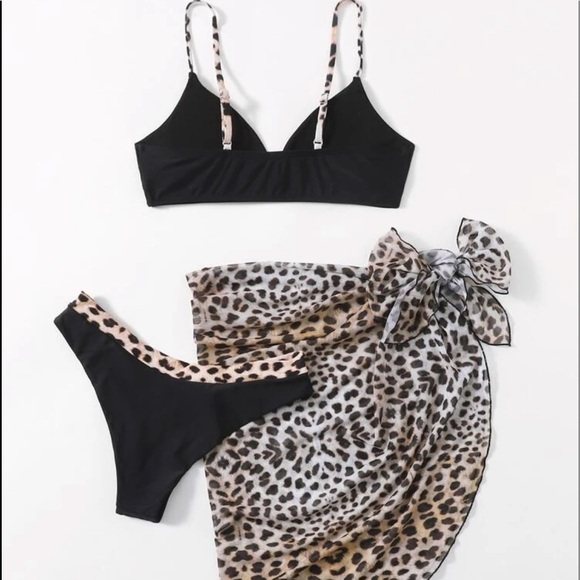 Black Leopard Print 3 Pc Bikini Set w/ Beach Skirt - Picture 2 of 6